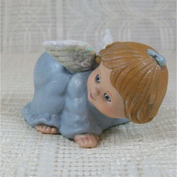 Handmade Ceramic Angel Figurine In Blue, Playing Cute Angel Statue, Baptism Gift - Picture 4 of 8
